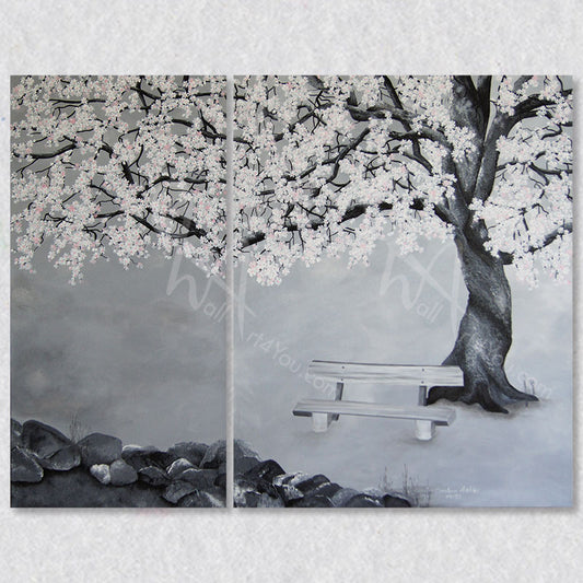 "Enchanting" diptych painting of a flowering cherry tree by a rambling brook with a small bench in front.