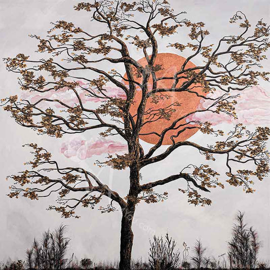 "Rarity" original painting captures a rare copper sun behind a tree filled with autumn leaves.  This stunning piece was created by Kelowna artist Carolynn Ashley.