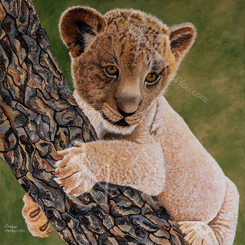 "I-Luv-You" wall art depicts a cub lion crawling up a tree.