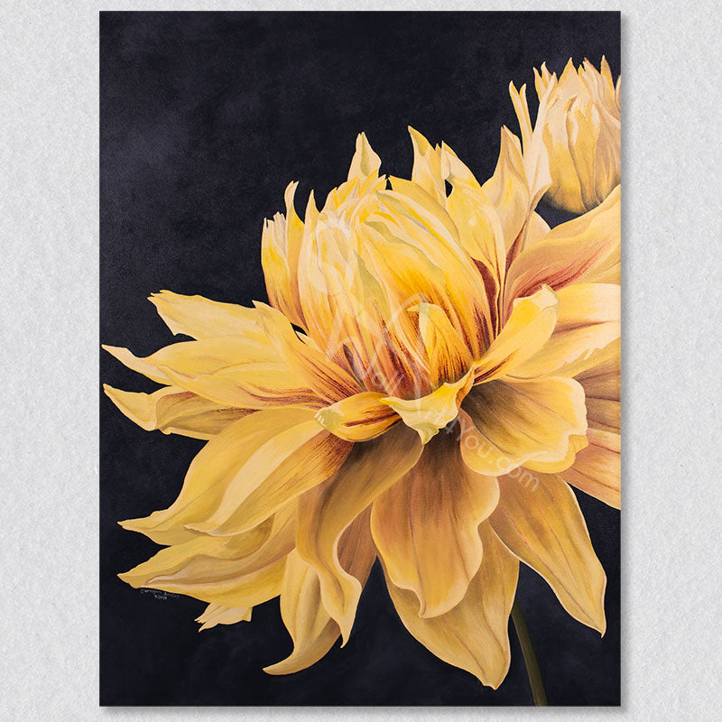 Carolynn's "Dancing" art piece is a realistic depiction of bright yellow dahlias. The wall art features the bright yellow dahlia contrasting against the black background.
