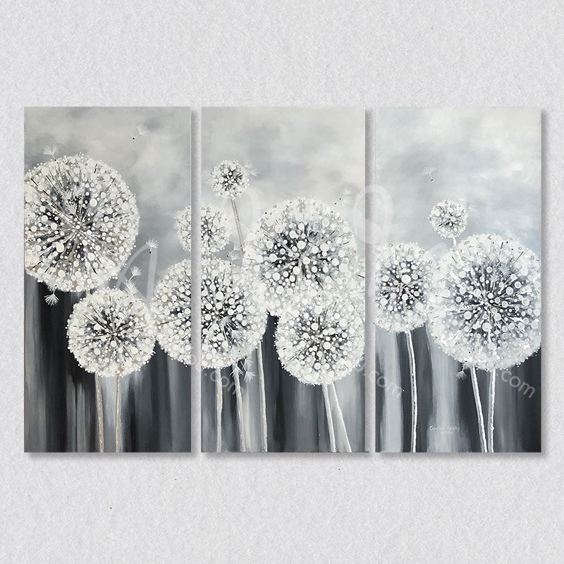 "Freedom" tryptic painting is captures dandelions as they are seeding in black and white hues.  To original work is textured with small bits of glass.