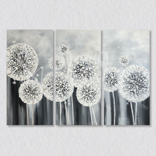 "Freedom" tryptic painting is captures dandelions as they are seeding in black and white hues.  To original work is textured with small bits of glass.