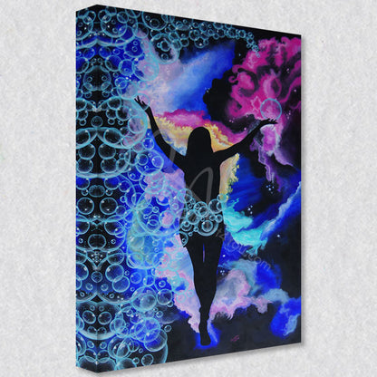 "Galactic Walk" comes as a gallery wrapped canvas print with a rich 1.5 inch thick wood frame. We use a moisture resistant poly-cotton canvas that will not sag and high quality inks that will last over 100 years.