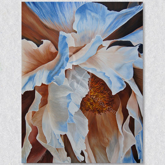 "Delicate" wall art by Carolynn Ashley is a close up realistic depiction of an unlikely blue peony. Have you ever seen a blue peony? Probably not and only at WallArt4You.