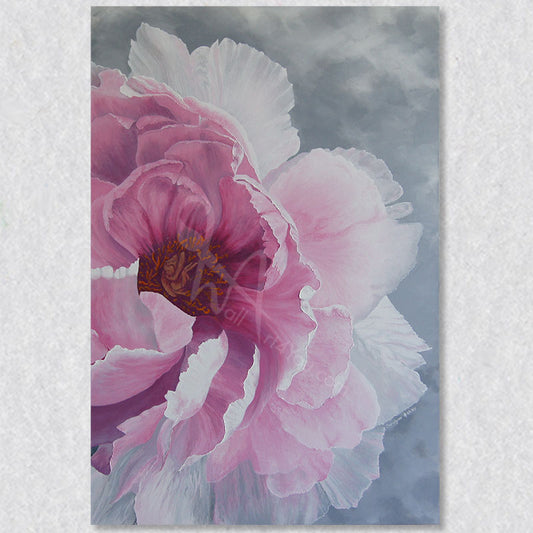 "Serenity" original acrylic painting captures the intricate details of the petals of soft pink peony.  This masterpiece was created by Kelowna artist Carolynn Ashley.