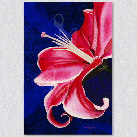 "Sassy" wall art print is by Canadian artist Carolynn Ashley. This realist depiction of a lily is bright and vibrant.