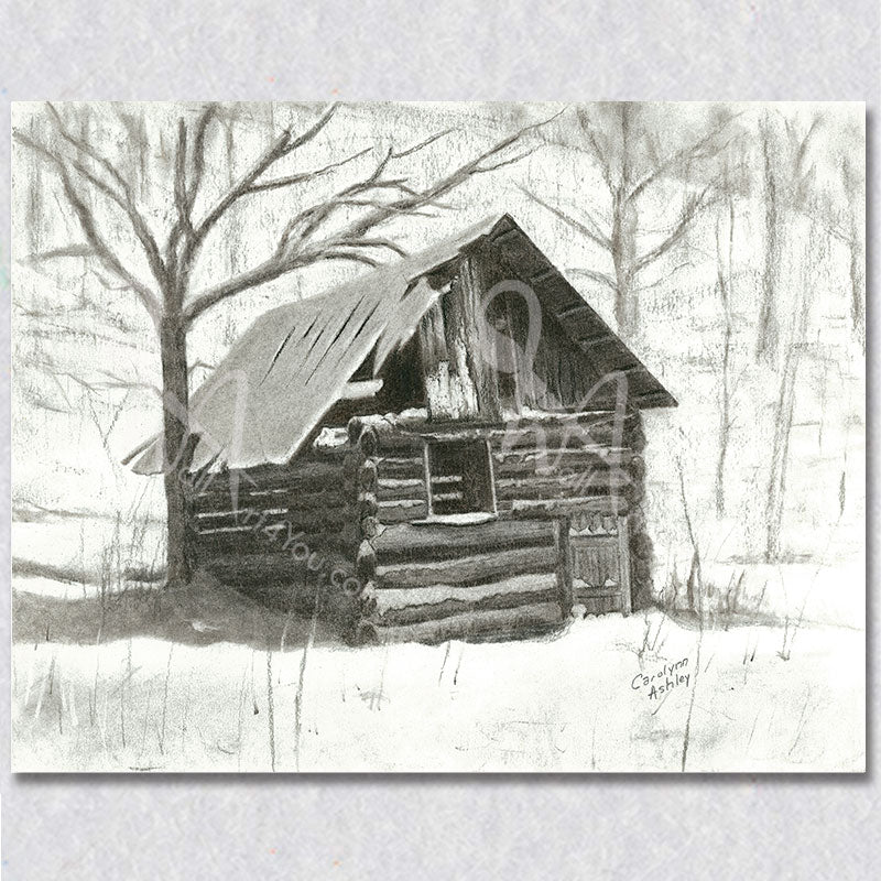 "Timeless Timber" wall art depicts an old abandoned hunter's cabin.