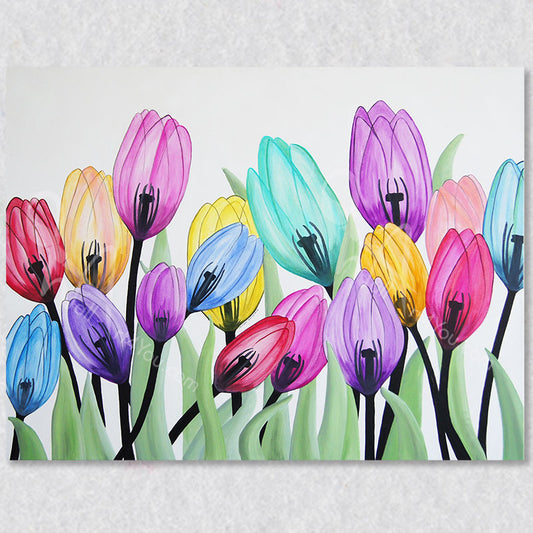 "Joyful" acrylic painting on canvas captures vibrant glass like tulips moving in a gentle breeze.