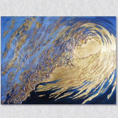 "Empower" original painting captures a light shining through a huge wave as it curls over itself.