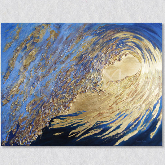 "Empower" original painting captures a light shining through a huge wave as it curls over itself.