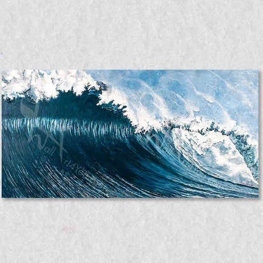 "Force" original painting depicts a powerful blue and white wave just before it crashes onto a beach.