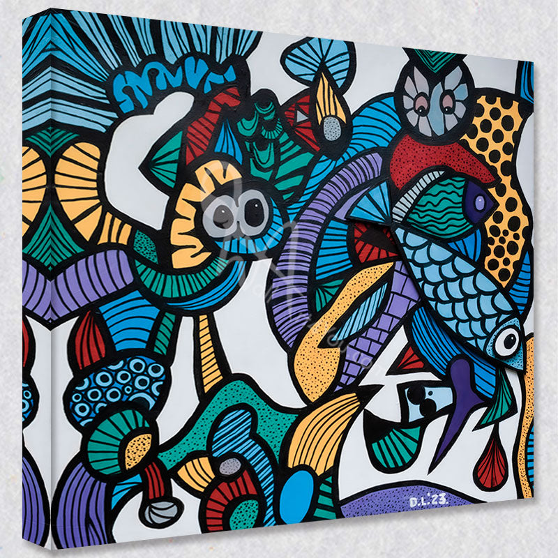 "Blue Fish Deep" comes as a gallery wrapped canvas print with a rich 1.5 inch thick wood frame. We use a moisture resistant poly-cotton canvas that will not sag and high quality inks that will last over 100 years.