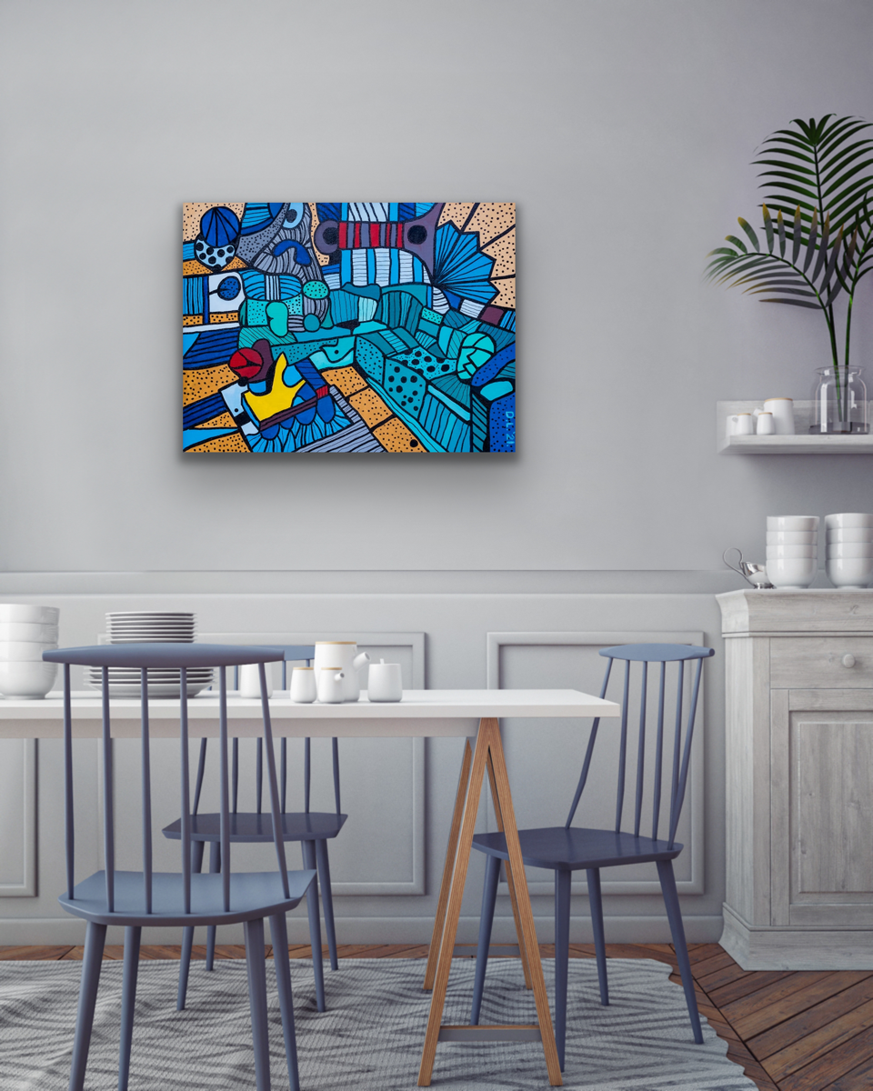 "Elephant in the Room" art work is a lively art piece that will look great in your kitchen, dining room or den.