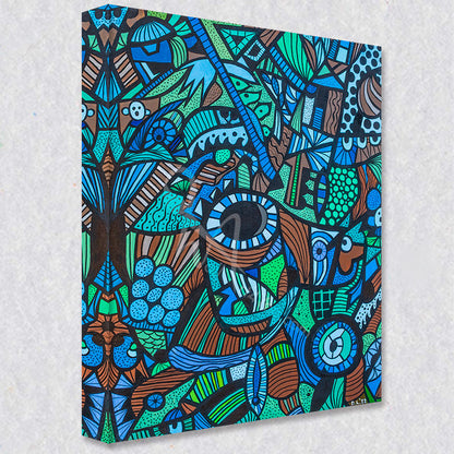 "Eye in the Pie" comes as a gallery wrapped canvas print with a rich 1.5 inch thick wood frame. We use a moisture resistant poly-cotton canvas that will not sag and high quality inks that will last over 100 years.