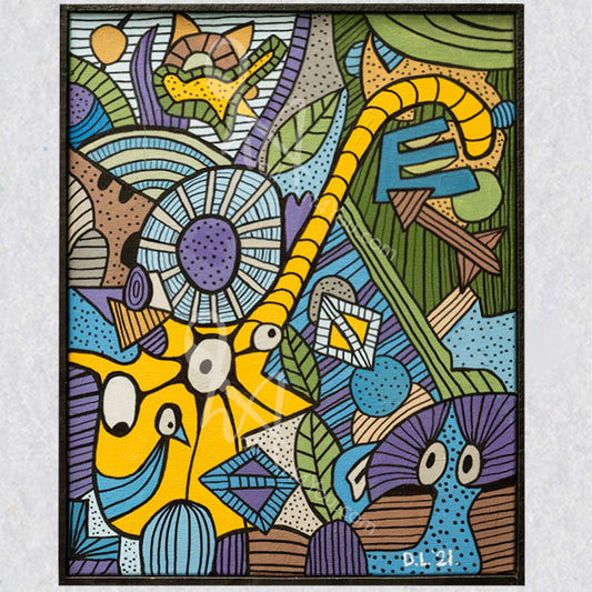"Mini Cat" painting by David Laird has a blast of yellows, blues, browns and purples.