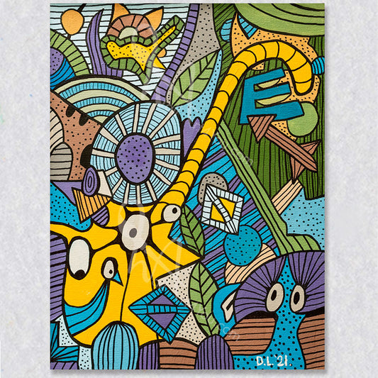 "Mini Cat" wall art by David Laird has a blast of yellows, blues, browns and purples.