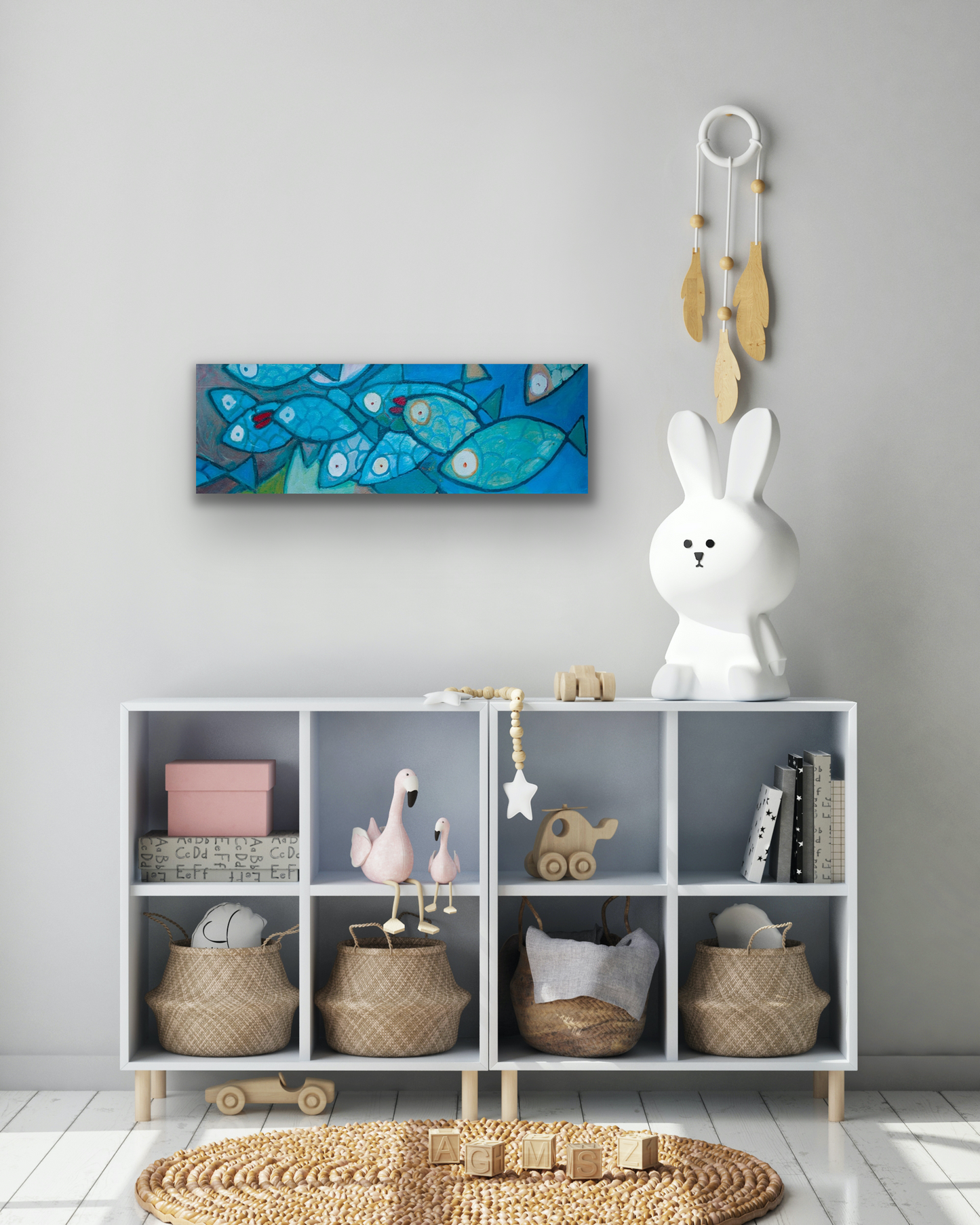 Ten Little Fishes work of art comes in three different canvas print sizes.
