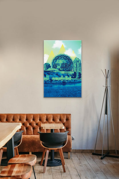 This canvas print wall art fuses Vancouver's Science world with row housing from Dublin Ireland.