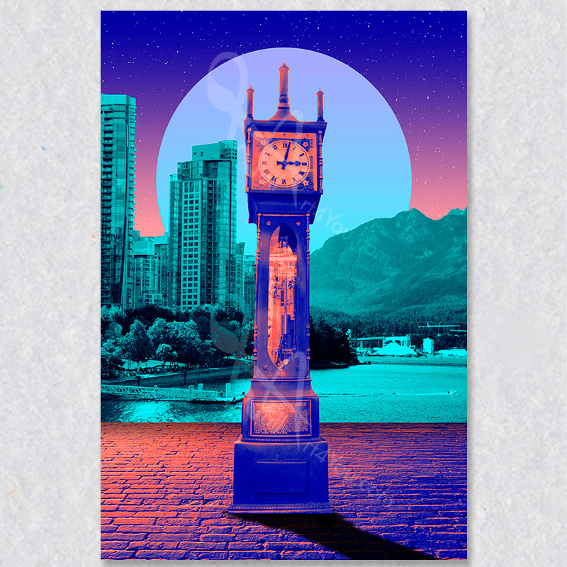 Gastown Steam Clock wall art was created by Irish Canadian Eddie Burke. Two colour versions available.  Purple Green and Pink Blue.