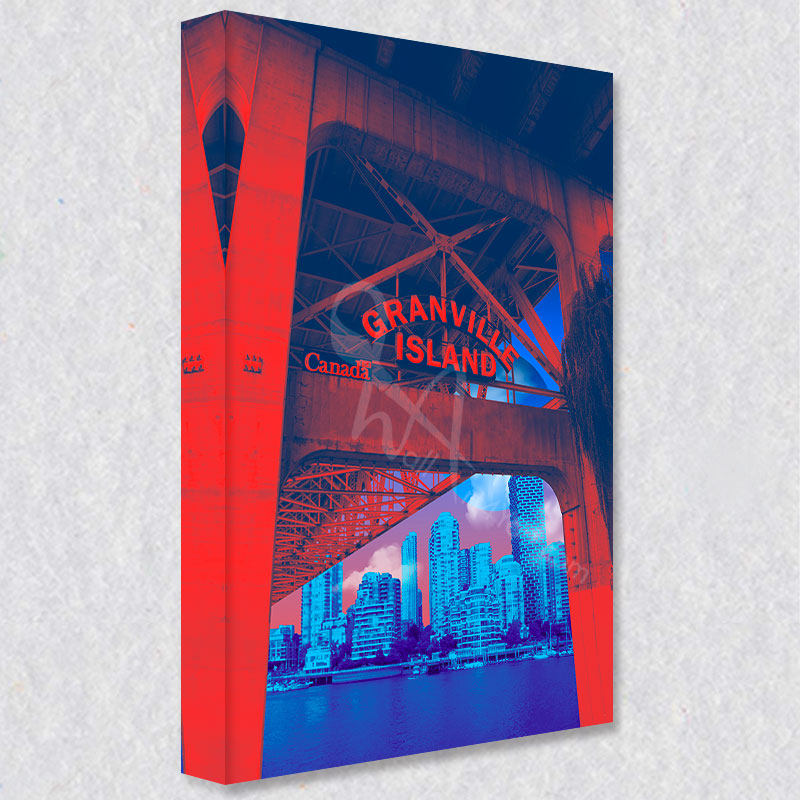 "Granville Island" comes as a gallery wrapped canvas print with a rich 1.5 inch thick wood frame. We use a moisture resistant poly-cotton canvas that will not sag and high quality inks that will last over 100 years.