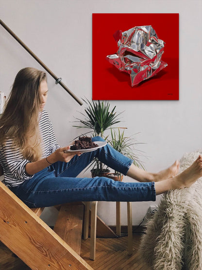 Goodness Gracious is a hyperrealist painting of a crumpled ball of tin foil.  A fun piece of wall art that will invite comments from your guests. 