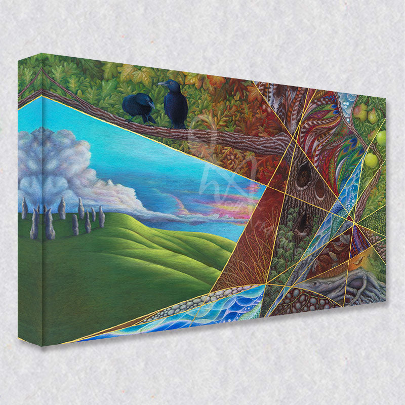 "Renunciation" comes as a gallery wrapped canvas print with a rich 1.5 inch thick wood frame. We use a moisture resistant poly-cotton canvas that will not sag and high quality inks that will last over 100 years.