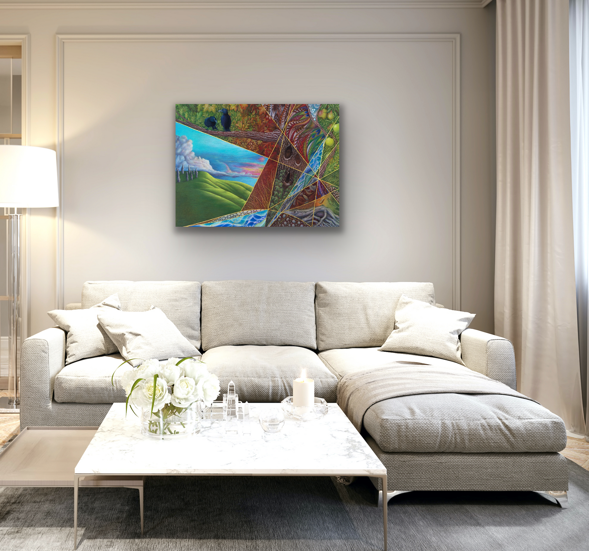 "Renunciation" work of art will compliment a wide range of colour decor palettes with its wide range of colours.
