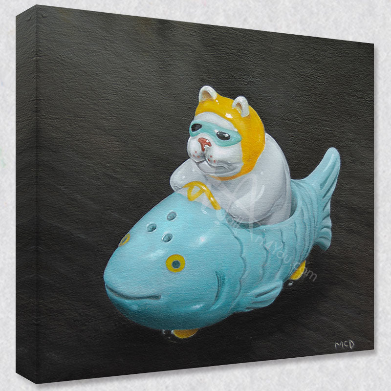 "Cat Drivin a Fish" comes as a gallery wrapped canvas print with a rich 1.5 inch thick wood frame. We use a moisture resistant poly-cotton canvas that will not sag and high quality inks that will last over 100 years.