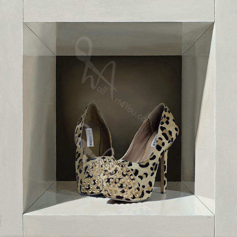 This piece is for true shoe lovers. Some of the most coveted shoes are often kept on display in a lovely shoe closet and rarely see the light of day for fear of them losing their perfection. The composition and name of the piece anthropomorphizes them and encourages them to shed their shyness.
