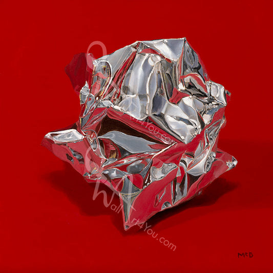 In this form we can see that the foil has been crumpled into a ball and dares to be different by sitting in a field of red. More unconventional than most representations of foil in modern art. The magic of foil is that it reflects whatever it is presented with, and the more used it gets, the more interesting it becomes.