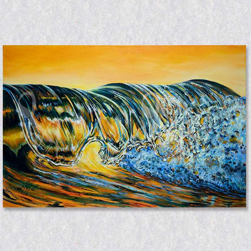 "Bigger is Better" wall art captures a large wave cresting caught by the yellow orange sunset.