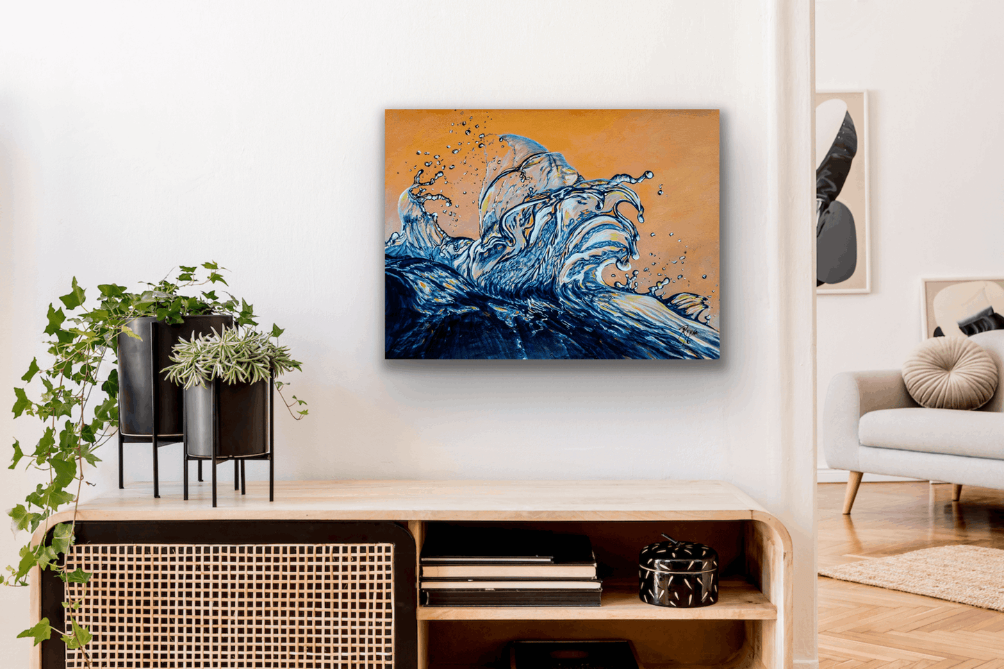 "Original painting a blue glass wave reaching into an orange sunset sky.
