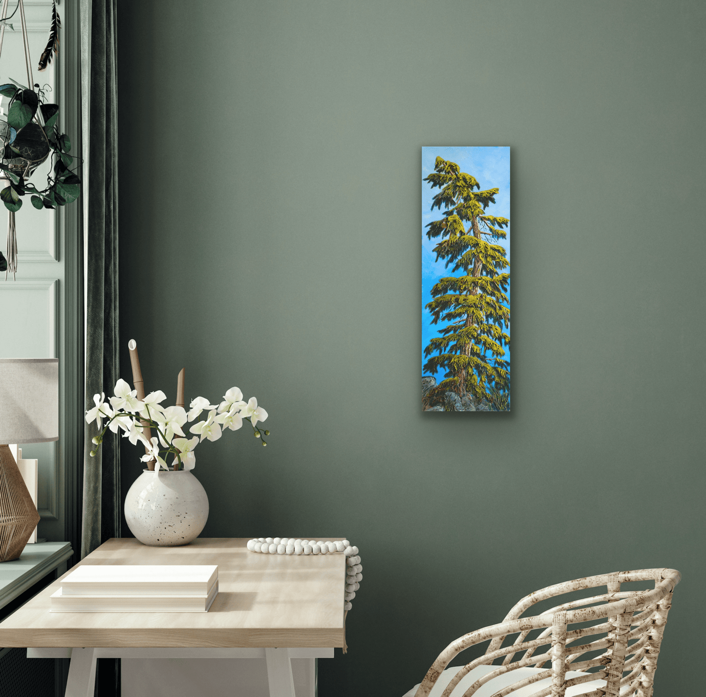 This original painting of a green mature tree with a light blue background would look great in an office or bedroom.