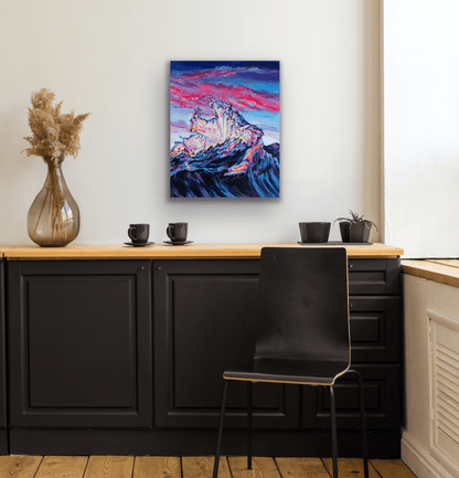 This original painting of a wave with its vivid colours of blue and red would look great in your den or office.
