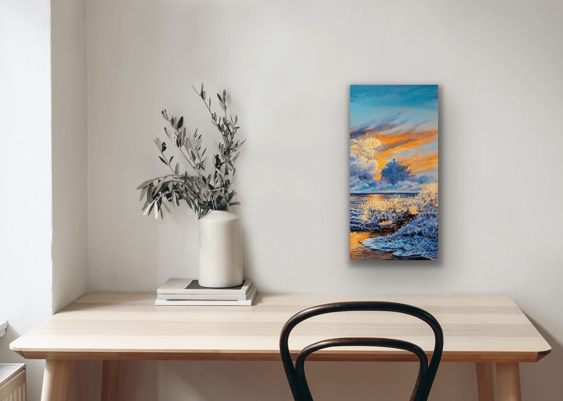This original painting is of waves crashing on a beach and used stunning soft blues and oranges in the color palette.