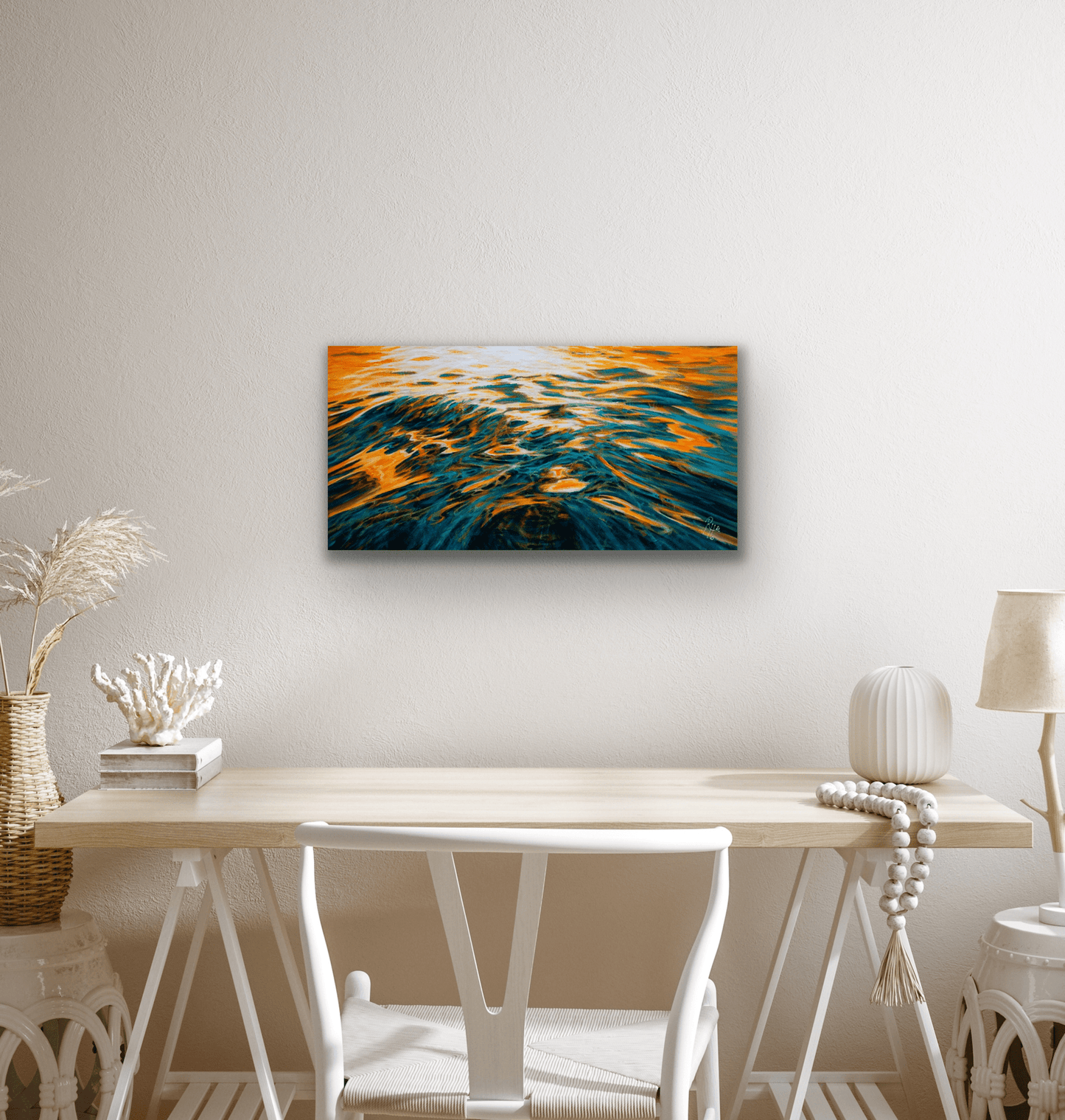 "Evening Fire" original painting is of a wave reflecting a hot summer days sunset.