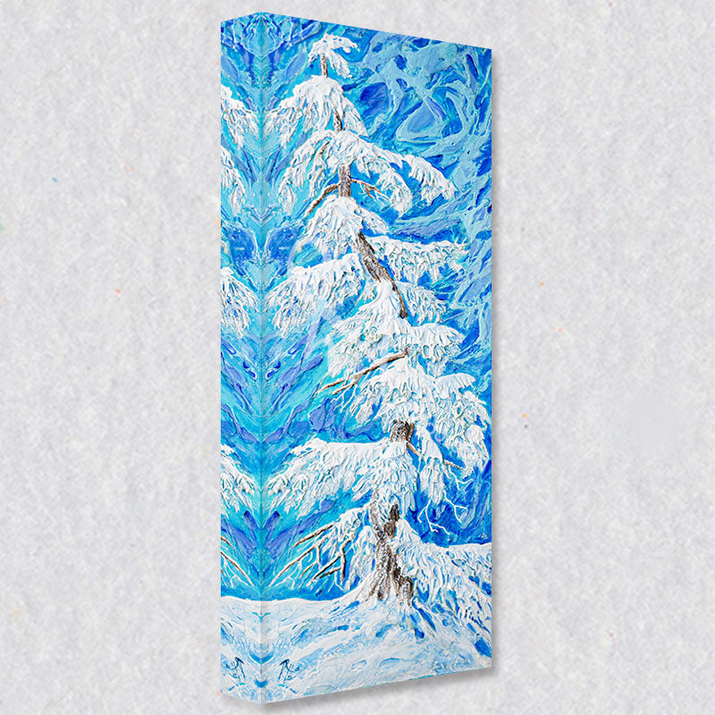 "Frosty" comes as a gallery wrapped canvas print with a rich 1.5 inch thick wood frame. We use a moisture resistant poly-cotton canvas that will not sag and high quality inks that will last over 100 years.