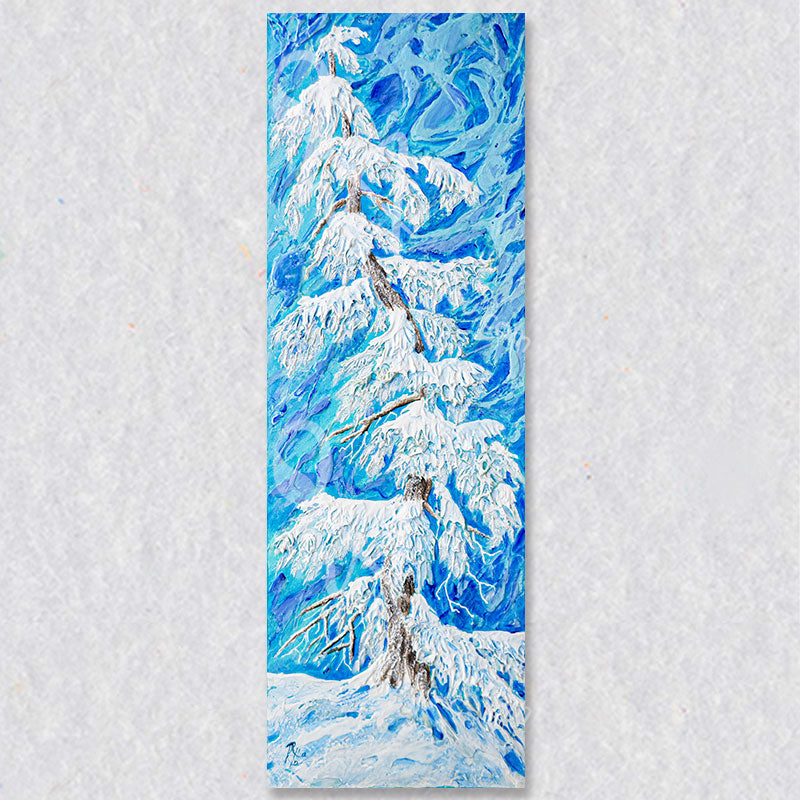 "Frosty" wall art depicts a large twisting tree covered in snow with an icing blue back drop.