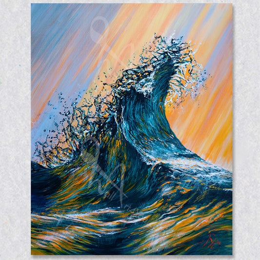 "Glitter" wall art captures two ocean waves crashing together.  Birght and dark blues with orange hightlights.