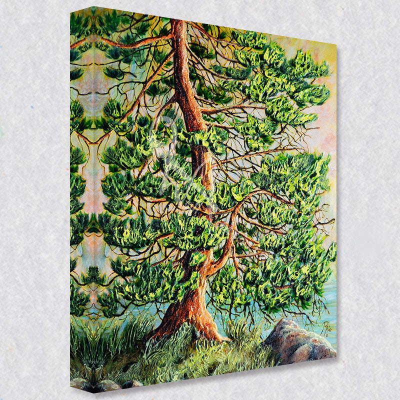 "Lake Pine" comes as a gallery wrapped canvas print with a rich 1.5 inch thick wood frame. We use a moisture resistant poly-cotton canvas that will not sag and high quality inks that will last over 100 years.