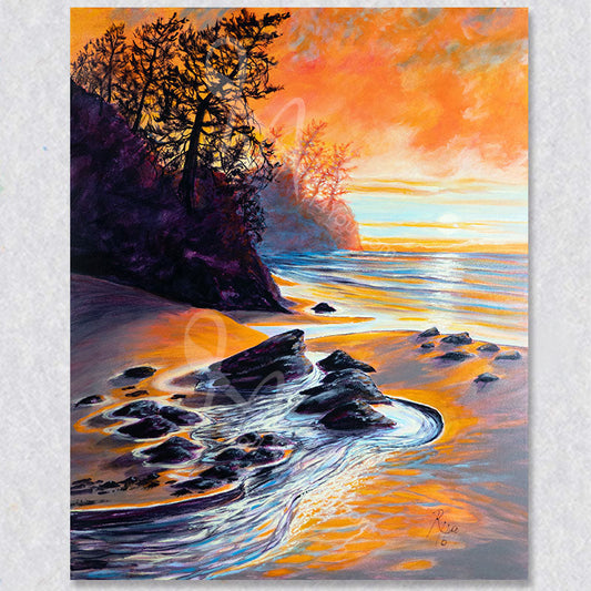 "Left Coast Magic" wall art is a beautiful depiction of the West Coast beach with water flowing out to the ocean.  Beautiful blues and oranges in image.
