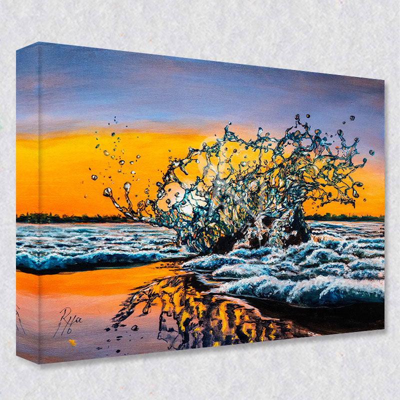 "One Last Splash" comes as a gallery wrapped canvas print with a rich 1.5 inch thick wood frame. We use a moisture resistant poly-cotton canvas that will not sag and high quality inks that will last over 100 years.