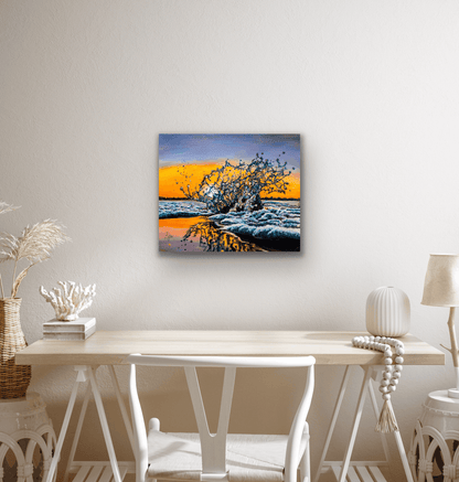 This original painting features a wave that crashes on a beach and rises high towards heaven.