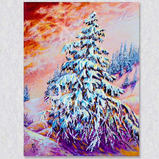 "Standing Alone" wall art is of a snow covered tree on an icy hill with a dramatic red and orange sky.