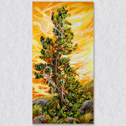 "Summer Pine" wall art depicts a large tree against an orange and white sky.
