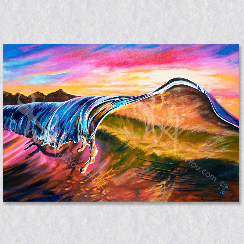 "Swing Wide" wall art is a colourful with blues, oranges, reds, pinks and purples.