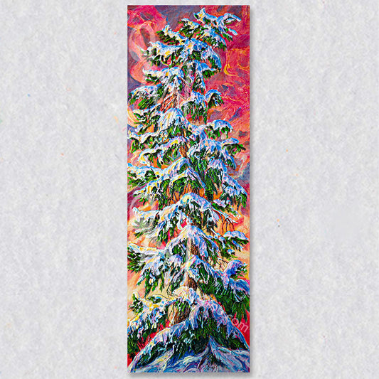 "Waking Up" wall art is a depiction of a snow-covered pine tree set against a backdrop of a serene pink and red sky, evoking the tranquil beauty of a winter morning.
