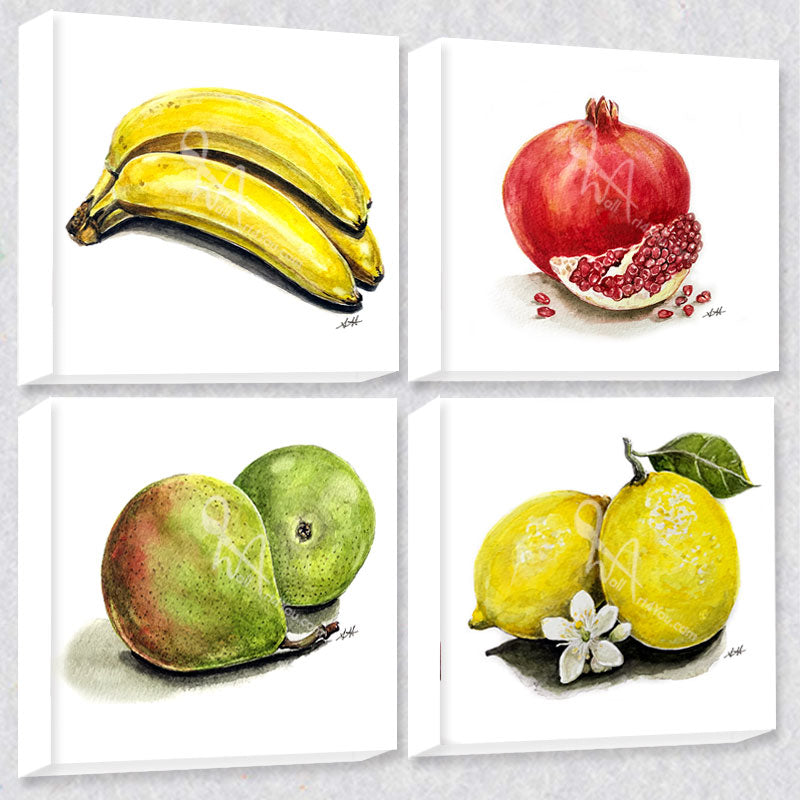 Our wall art of fruit comes in set of four and you can choose from four different canvas print sizes.