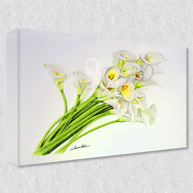 Calla Lilies" comes as a gallery wrapped canvas print with a rich 1.5 inch thick wood frame. We use a moisture resistant poly-cotton canvas that will not sag and high quality inks that will last over 100 years.