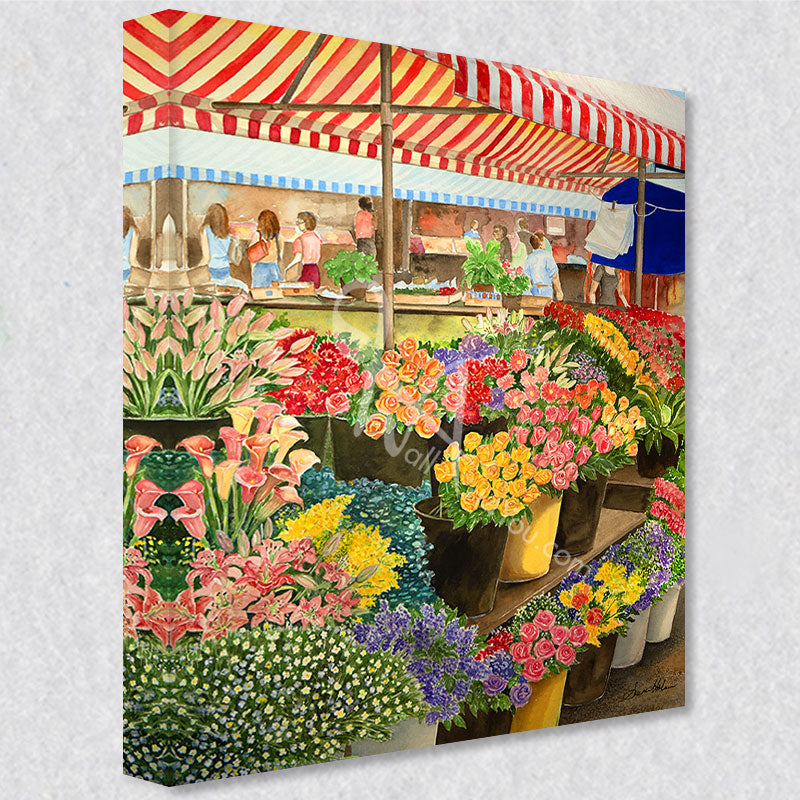 "Flower Market" comes as a gallery wrapped canvas print with a rich 1.5 inch thick wood frame. We use a moisture resistant poly-cotton canvas that will not sag and high quality inks that will last over 100 years.